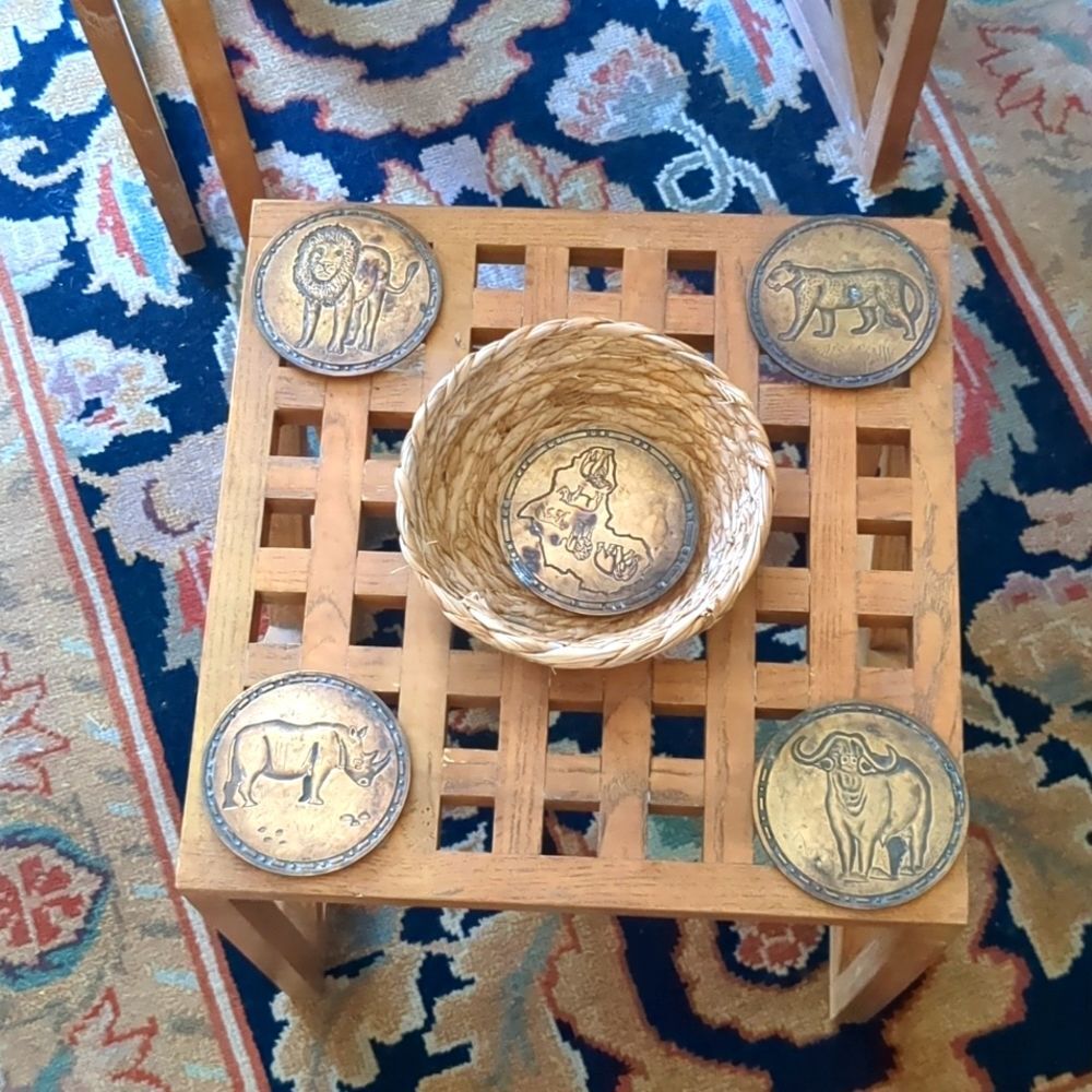 Vintage - Set of 5 - Brass African Themed  Holders/Coasters Basket Holder